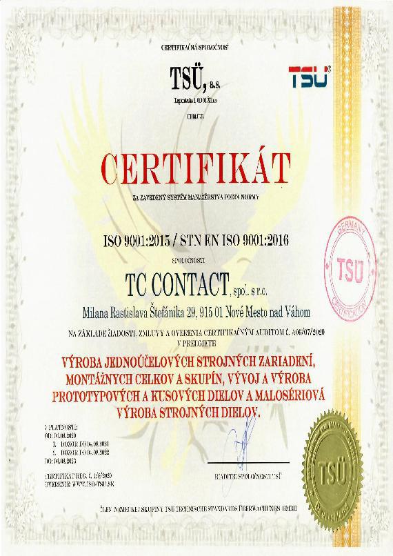 Certifikát na výrobu jednoúčelových strojných zariadení